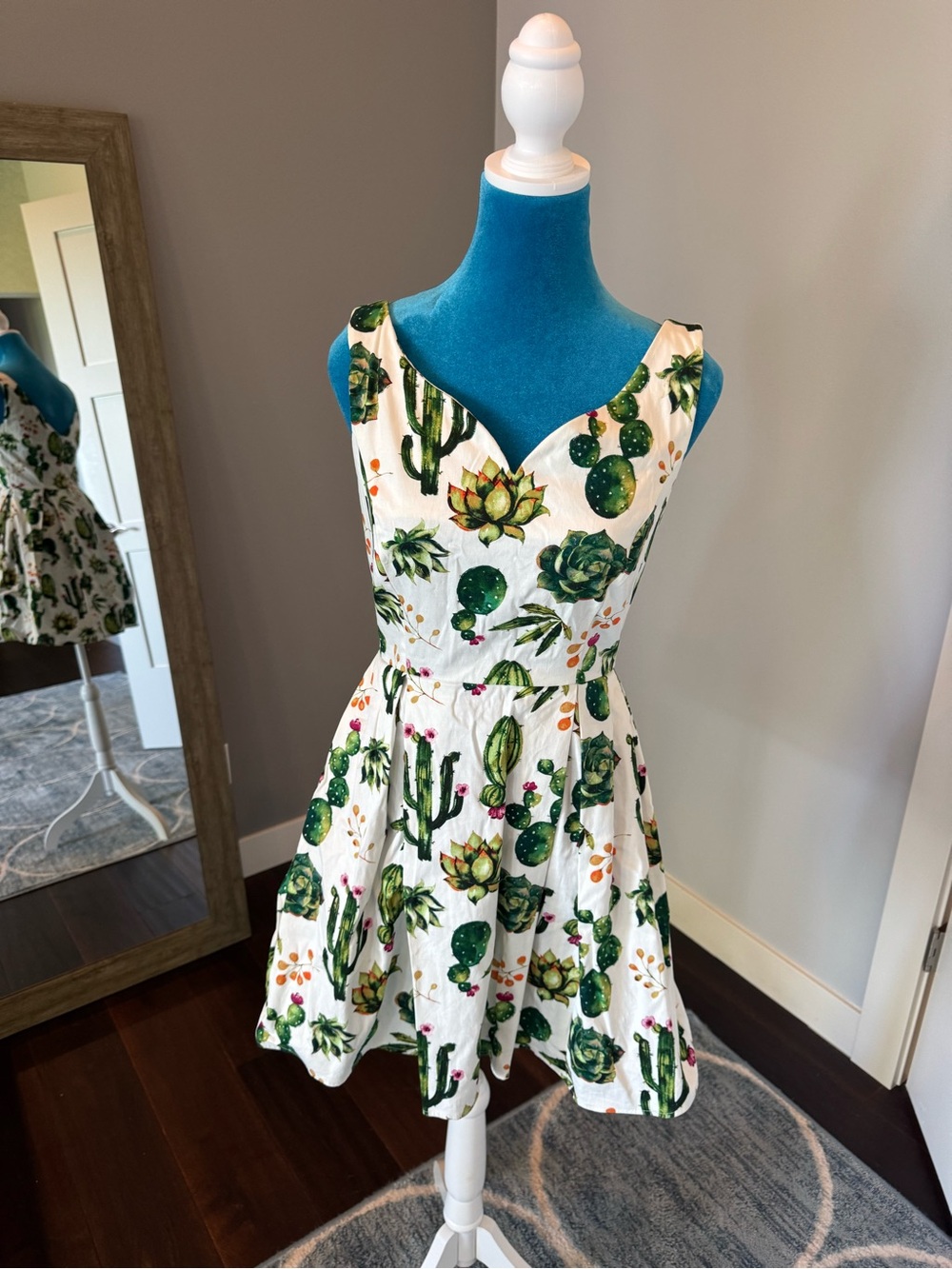 Mod Cloth Ixia White Cactus Print Fit-and-Flare Dress